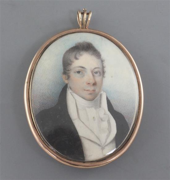 Early 19th century English School Miniature portrait of a gentleman wearing a black coat 2.75 x 2.25in.